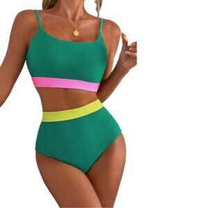 Sea Green Contrast Trim Color Block Patchwork High Waisted Bikini